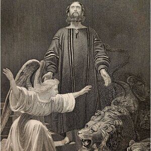 1873 Daniel In The Lion's Den Steel Engraving Victorian Bible Antique F12A